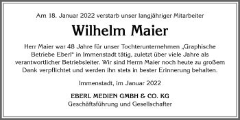 Traueranzeige von Wilhelm Maier von Allgäuer Anzeigeblatt