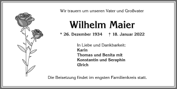 Traueranzeige von Wilhelm Maier von Allgäuer Anzeigeblatt