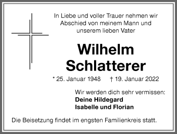 Traueranzeige von Wilhelm Schlatterer von Memminger Zeitung