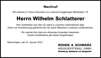 Traueranzeige von Wilhelm Schlatterer von Memminger Zeitung