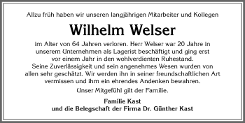 Traueranzeige von Wilhelm Welser von Allgäuer Anzeigeblatt
