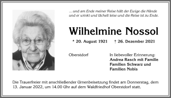 Traueranzeige von Wilhelmine Nossol von Allgäuer Anzeigeblatt