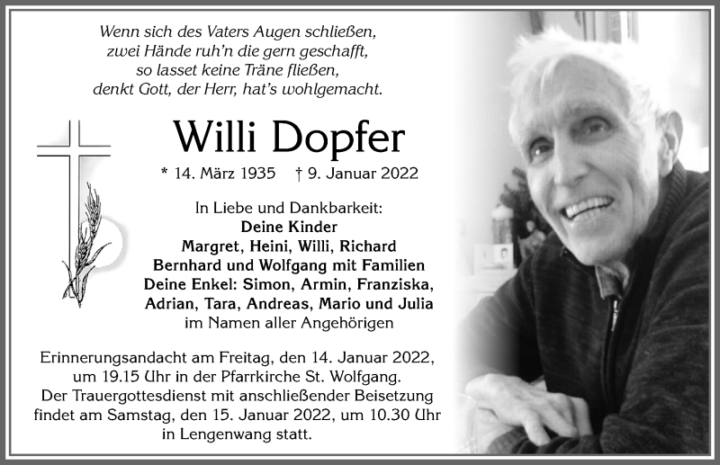  Traueranzeige für Willi Dopfer vom 12.01.2022 aus Allgäuer Zeitung, Marktoberdorf