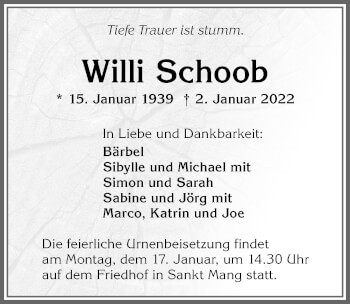 Traueranzeige von Willi Schoob von Allgäuer Zeitung,Kempten