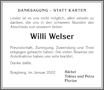 Traueranzeige von Willi Welser von Allgäuer Anzeigeblatt