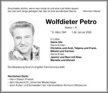 Traueranzeige von Wolfdieter Petro von Memminger Zeitung