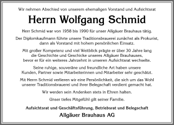 Traueranzeige von Wolfgang Schmid von Allgäuer Zeitung,Kempten