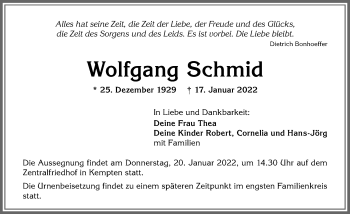 Traueranzeige von Wolfgang Schmid von Allgäuer Zeitung,Kempten