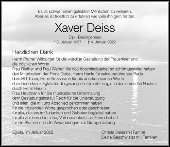 Traueranzeige von Xaver Deiss von Der Westallgäuer