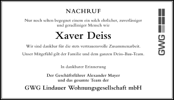 Traueranzeige von Xaver Deiss von Der Westallgäuer