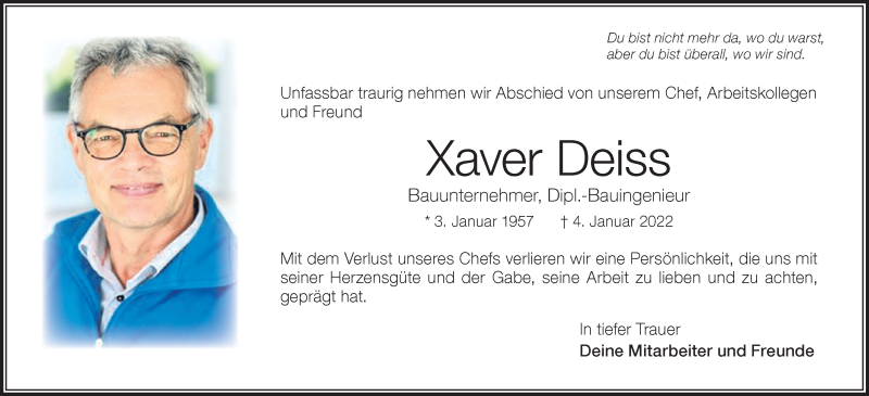  Traueranzeige für Xaver Deiss vom 10.01.2022 aus Der Westallgäuer
