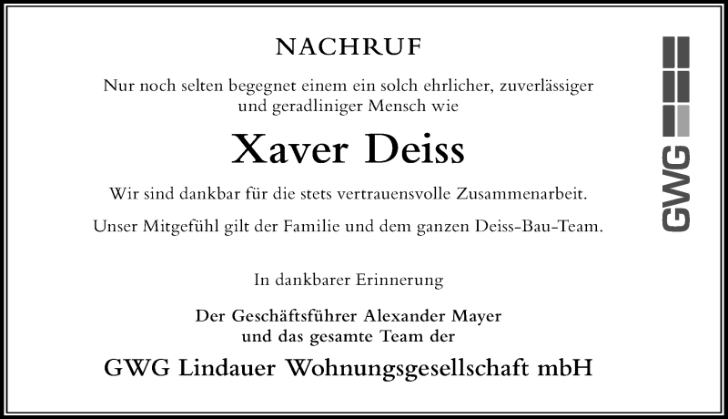  Traueranzeige für Xaver Deiss vom 12.01.2022 aus Der Westallgäuer