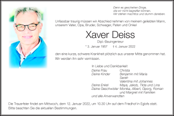 Traueranzeige von Xaver Deiss von Der Westallgäuer