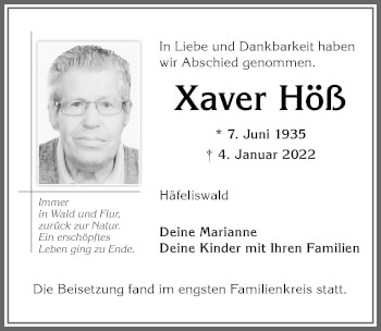Traueranzeige von Xaver Höß von Allgäuer Zeitung,Kempten