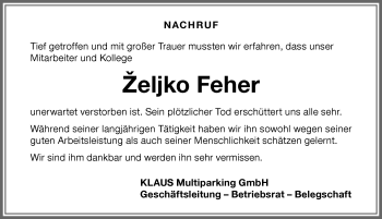 Traueranzeige von Zeljko Feher von Memminger Zeitung