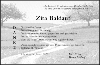 Traueranzeige von Zita Baldauf von Der Westallgäuer