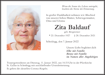 Traueranzeige von Zita Baldauf von Der Westallgäuer