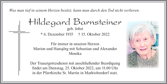 Traueranzeige von 2Hildegard Barnsteiner von Allgäuer Zeitung, Marktoberdorf