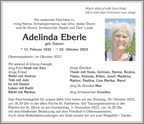 Traueranzeige von Adelinda Eberle von Allgäuer Anzeigeblatt