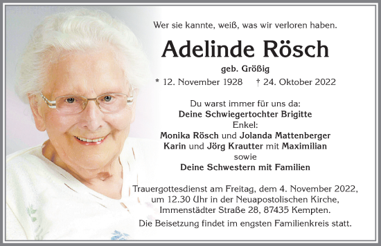 Traueranzeige von Adelinde Rösch von Allgäuer Zeitung,Kempten