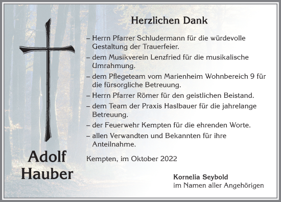 Traueranzeige von Adolf Hauber von Allgäuer Zeitung,Kempten