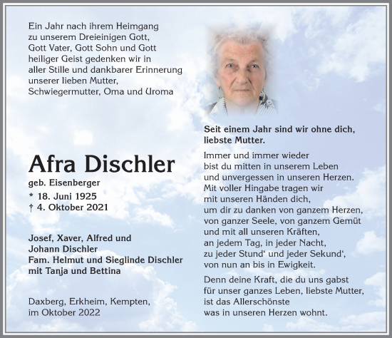 Traueranzeige von Afra Dischler von Memminger Zeitung