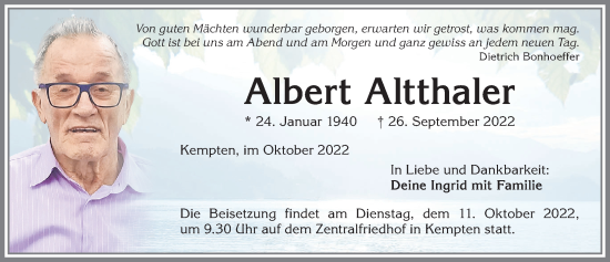 Traueranzeige von Albert Altthaler von Allgäuer Zeitung,Kempten