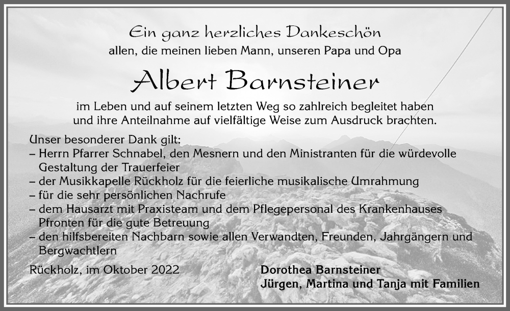  Traueranzeige für Albert Barnsteiner vom 01.10.2022 aus Allgäuer Zeitung, Füssen