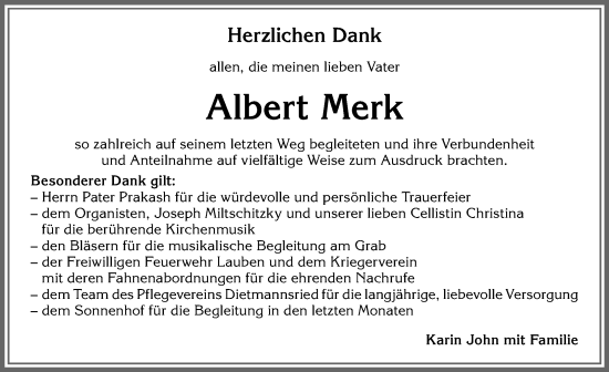 Traueranzeige von Albert Merk von Allgäuer Zeitung,Kempten