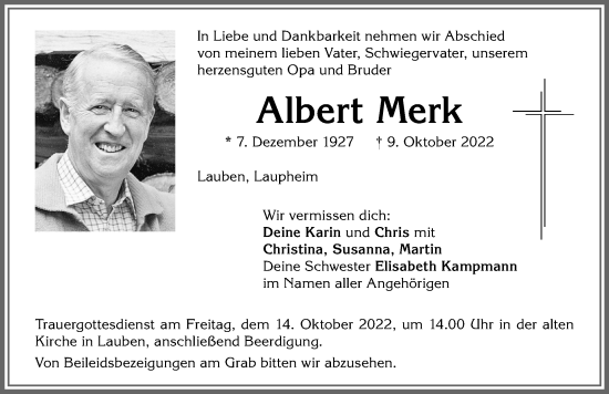 Traueranzeige von Albert Merk von Allgäuer Zeitung,Kempten