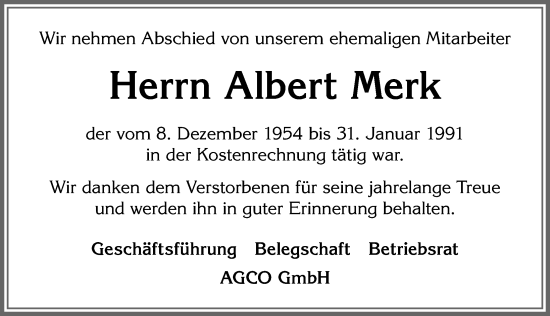 Traueranzeige von Albert Merk von Allgäuer Zeitung,Kempten