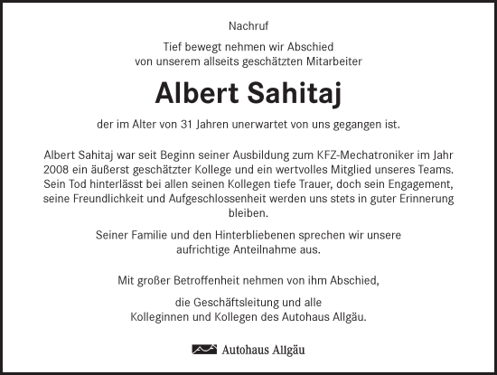 Traueranzeige von Albert Sahitaj von Allgäuer Zeitung,Kempten
