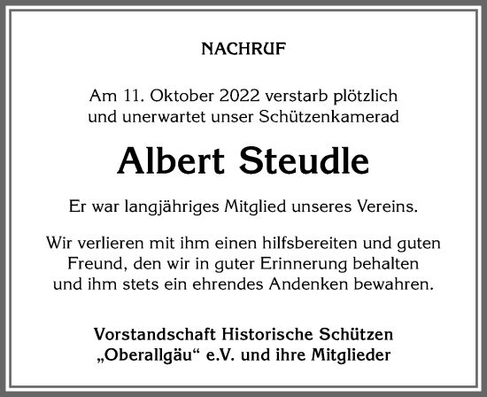 Traueranzeige von Albert Steudle von Allgäuer Anzeigeblatt