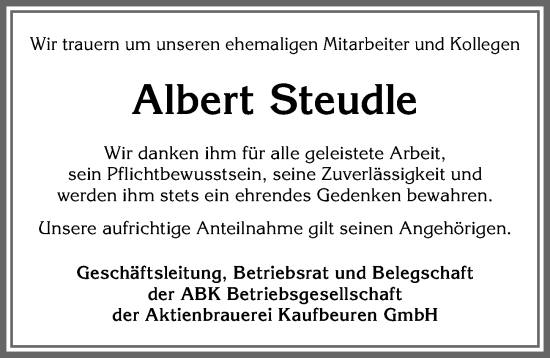 Traueranzeige von Albert Steudle von Allgäuer Zeitung, Kaufbeuren/Buchloe