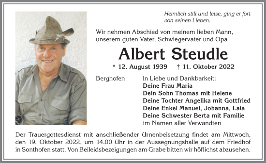 Traueranzeige von Albert Steudle von Allgäuer Anzeigeblatt