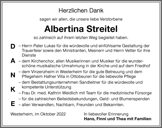Traueranzeige von Albertina Streitel von Memminger Zeitung