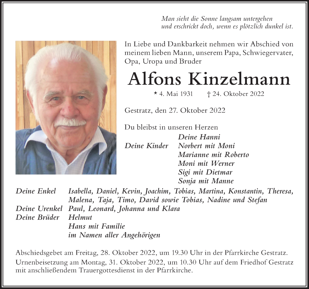  Traueranzeige für Alfons Kinzelmann vom 27.10.2022 aus Der Westallgäuer