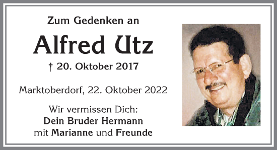 Traueranzeige von Alfred Utz von Allgäuer Zeitung, Marktoberdorf