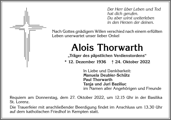 Traueranzeige von Alois Thorwarth von Allgäuer Zeitung,Kempten