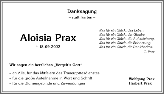 Traueranzeige von Aloisia Prax von Allgäuer Anzeigeblatt