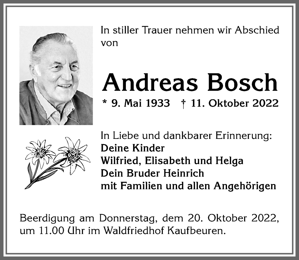  Traueranzeige für Andreas Bosch vom 18.10.2022 aus Allgäuer Zeitung, Kaufbeuren/Buchloe