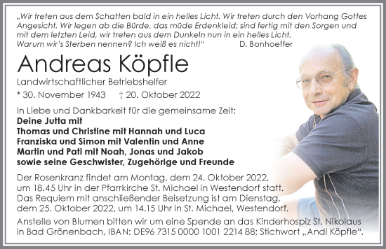 Traueranzeige von Andreas Köpfle von Allgäuer Zeitung, Kaufbeuren/Buchloe