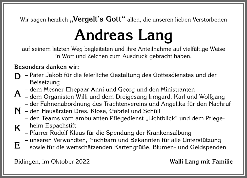  Traueranzeige für Andreas Lang vom 08.10.2022 aus Allgäuer Zeitung, Marktoberdorf