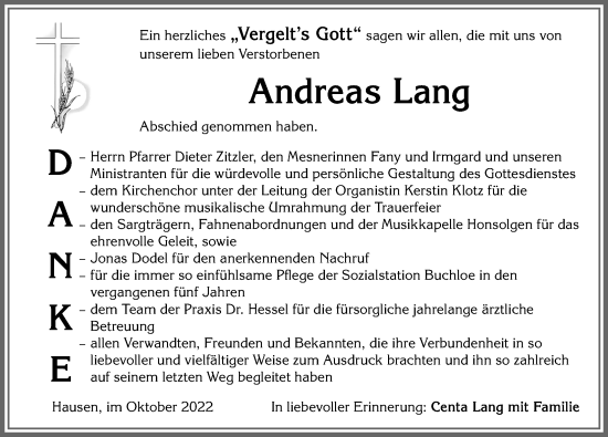 Traueranzeige von Andreas Lang von Allgäuer Zeitung, Kaufbeuren/Buchloe