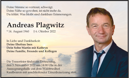 Traueranzeige von Andreas Plagesitz von Allgäuer Zeitung, Kaufbeuren/Buchloe