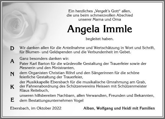 Traueranzeige von Angela Immle von Allgäuer Zeitung, Marktoberdorf
