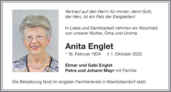 Traueranzeige von Anita Englet von Allgäuer Zeitung, Marktoberdorf