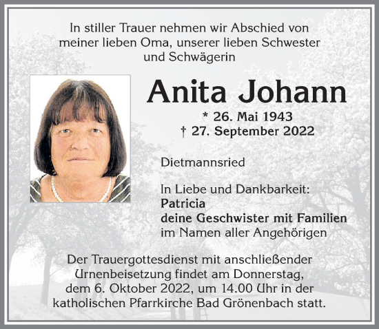 Traueranzeige von Anita Johann von Memminger Zeitung