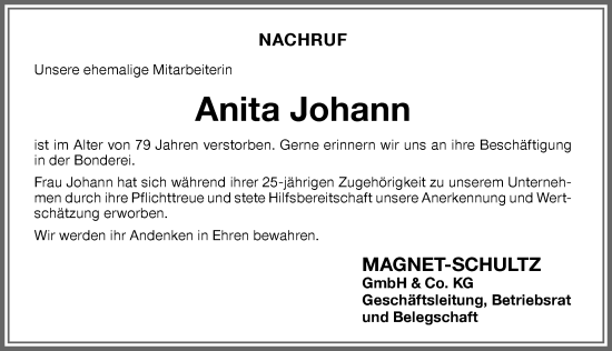 Traueranzeige von Anita Johann von Memminger Zeitung