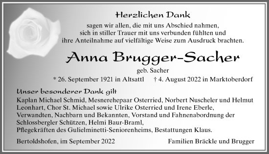 Traueranzeige von Anna Brugger-Sacher von Allgäuer Zeitung, Marktoberdorf
